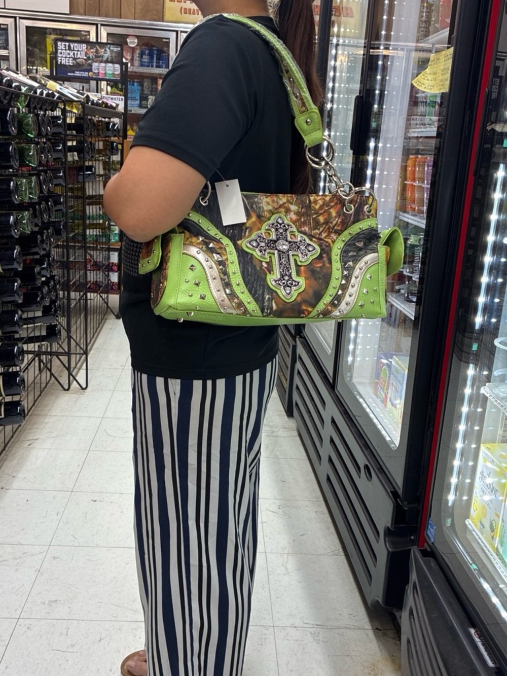 & Other Stories Lime Green Embellished Shoulder Bag with Cross Motif